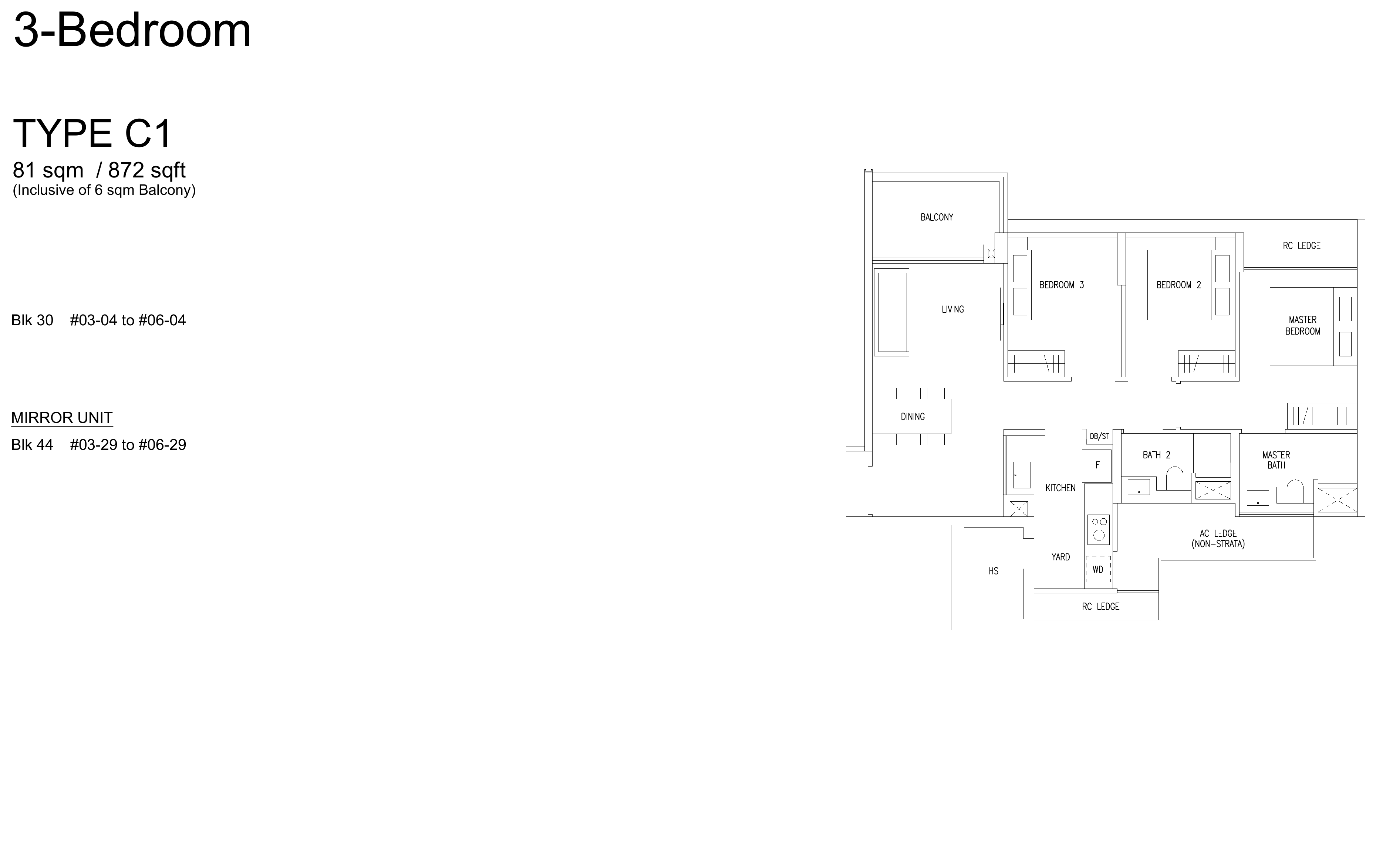 Type C1 floor plan, 872 sqft