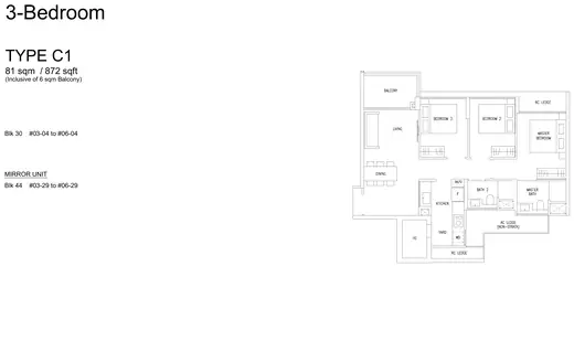 Type C1 floor plan, 872 sqft
