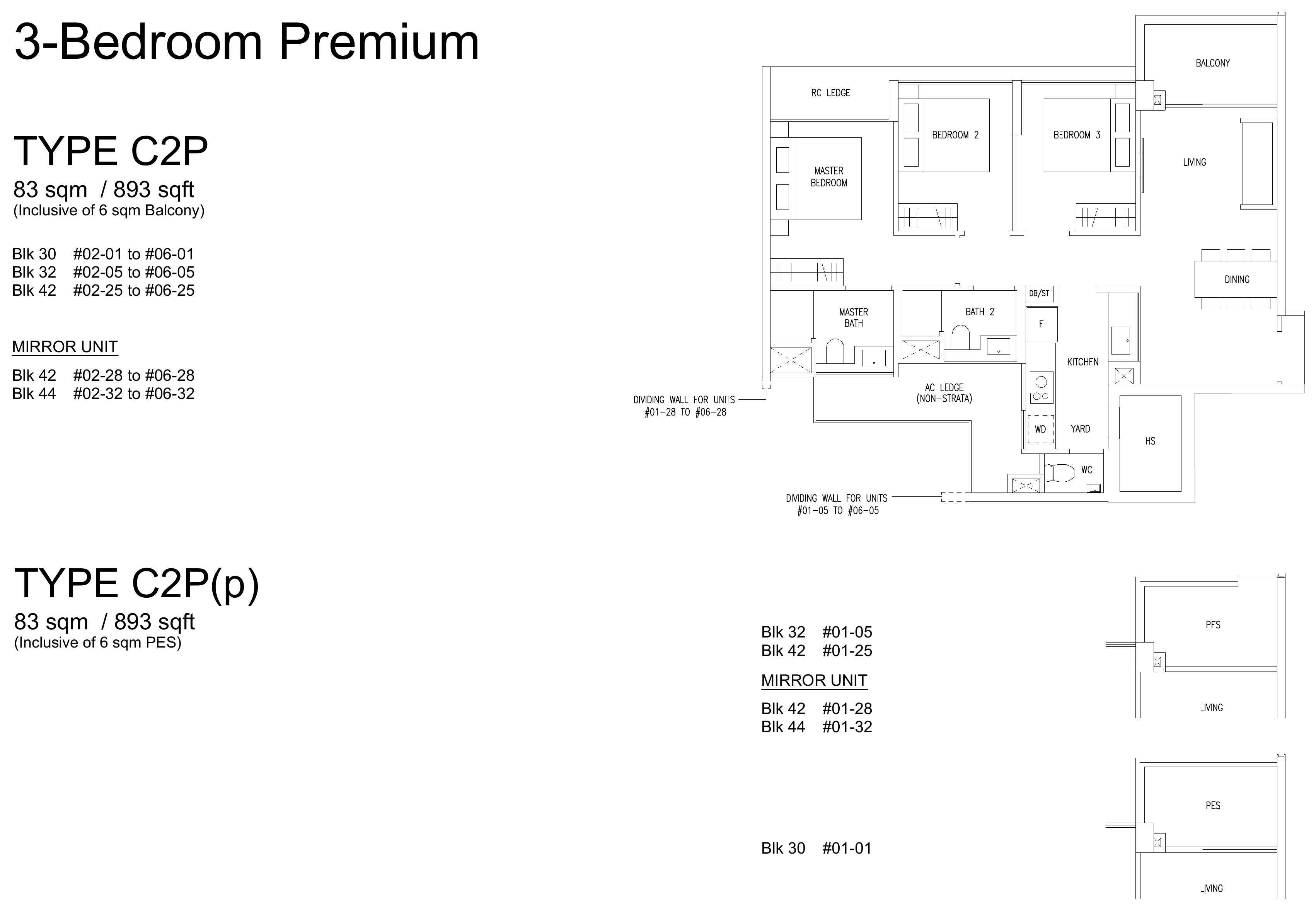 Type C2P floor plan, 893 sqft