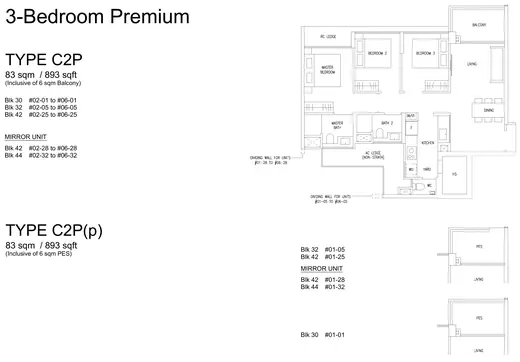 Type C2P floor plan, 893 sqft