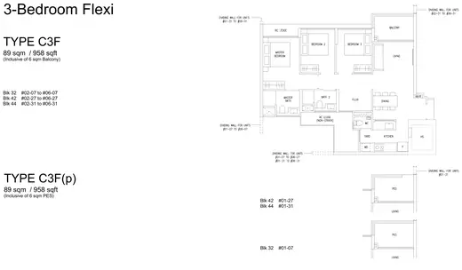 Type C3F floor plan, 958 sqft