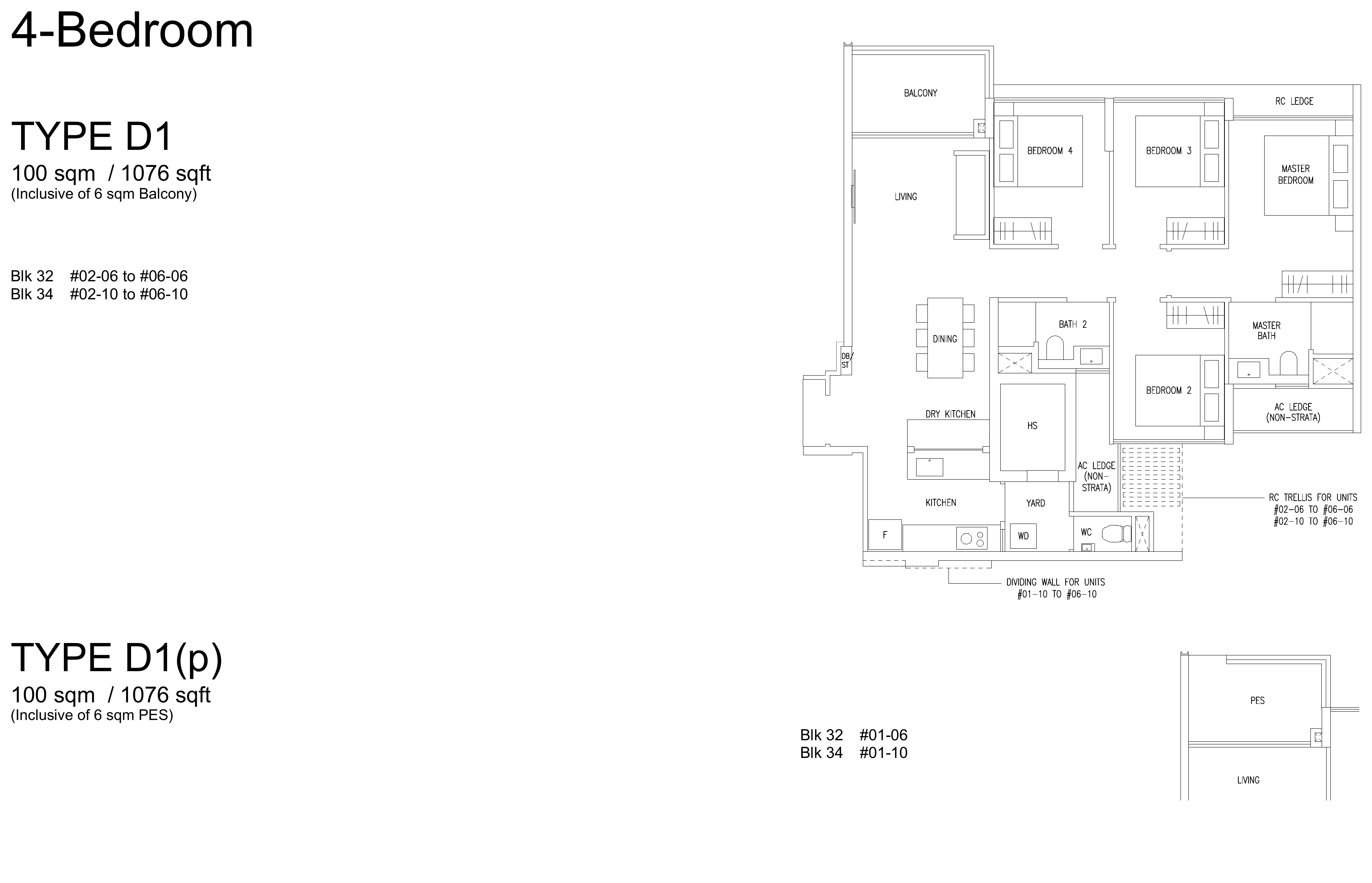 Type D1 floor plan, 1076 sqft