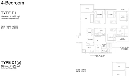 Type D1 floor plan, 1076 sqft