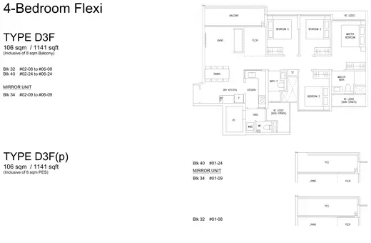 Type D3F floor plan, 1141 sqft
